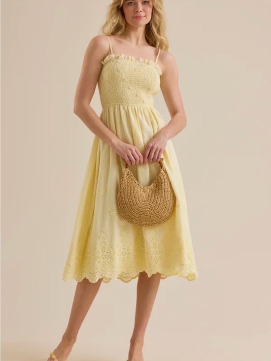 Altar'd State Dresses & Skirts - Altar'd State Pale Yellow Eyelet Smocked Midi Dress